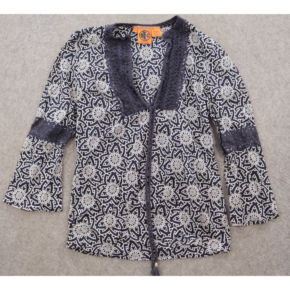 Tory Burch Top Womens 4 Blue Peasant Front Tie Floral Scoop Neck